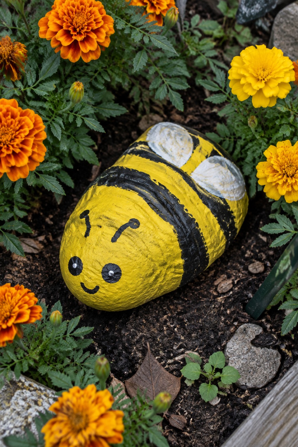 Smiling bumblebee painted on yellow rock with black stripes amid marigold flowers