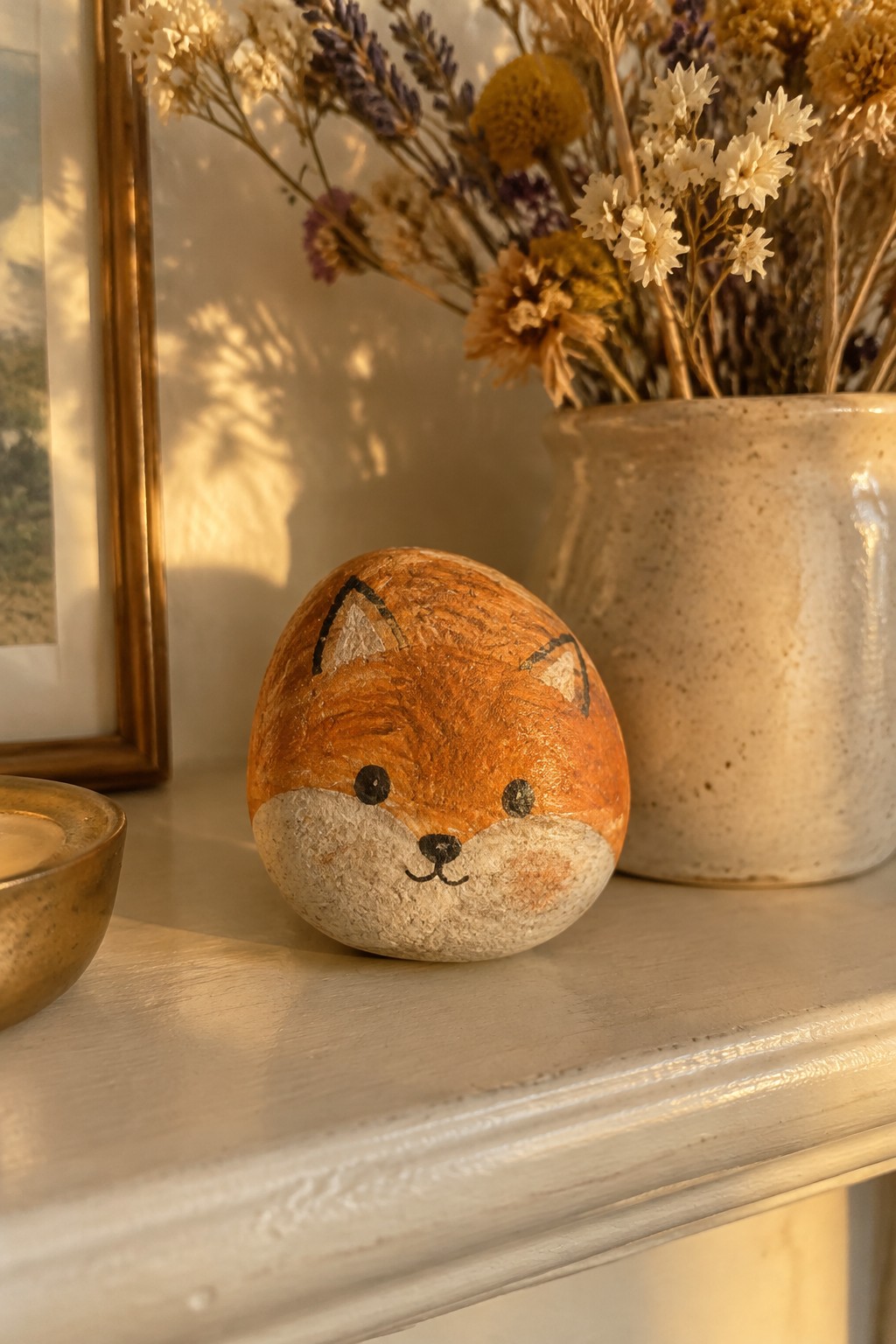 Painted orange fox rock on white mantel beside vase of dried flowers