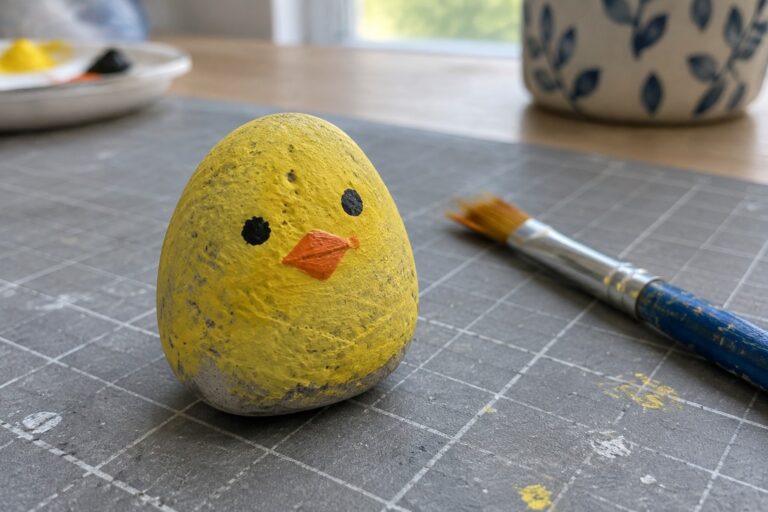 Yellow painted rock chick with black eyes and orange beak beside paintbrush