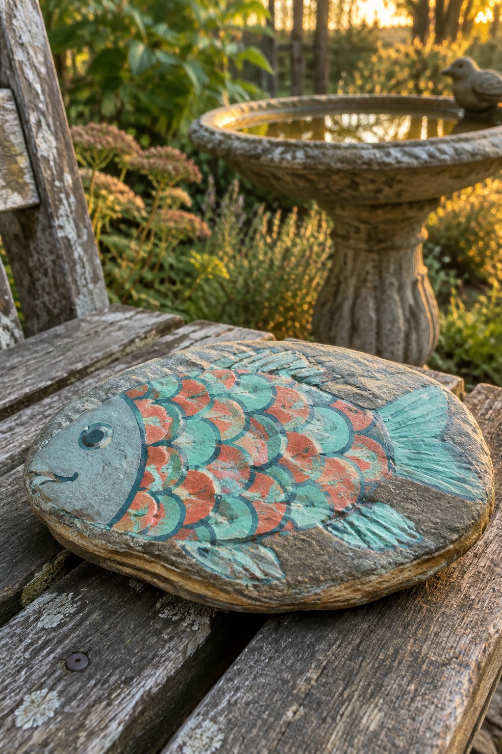 Painted fish on stone atop weathered wooden bench near garden birdbath