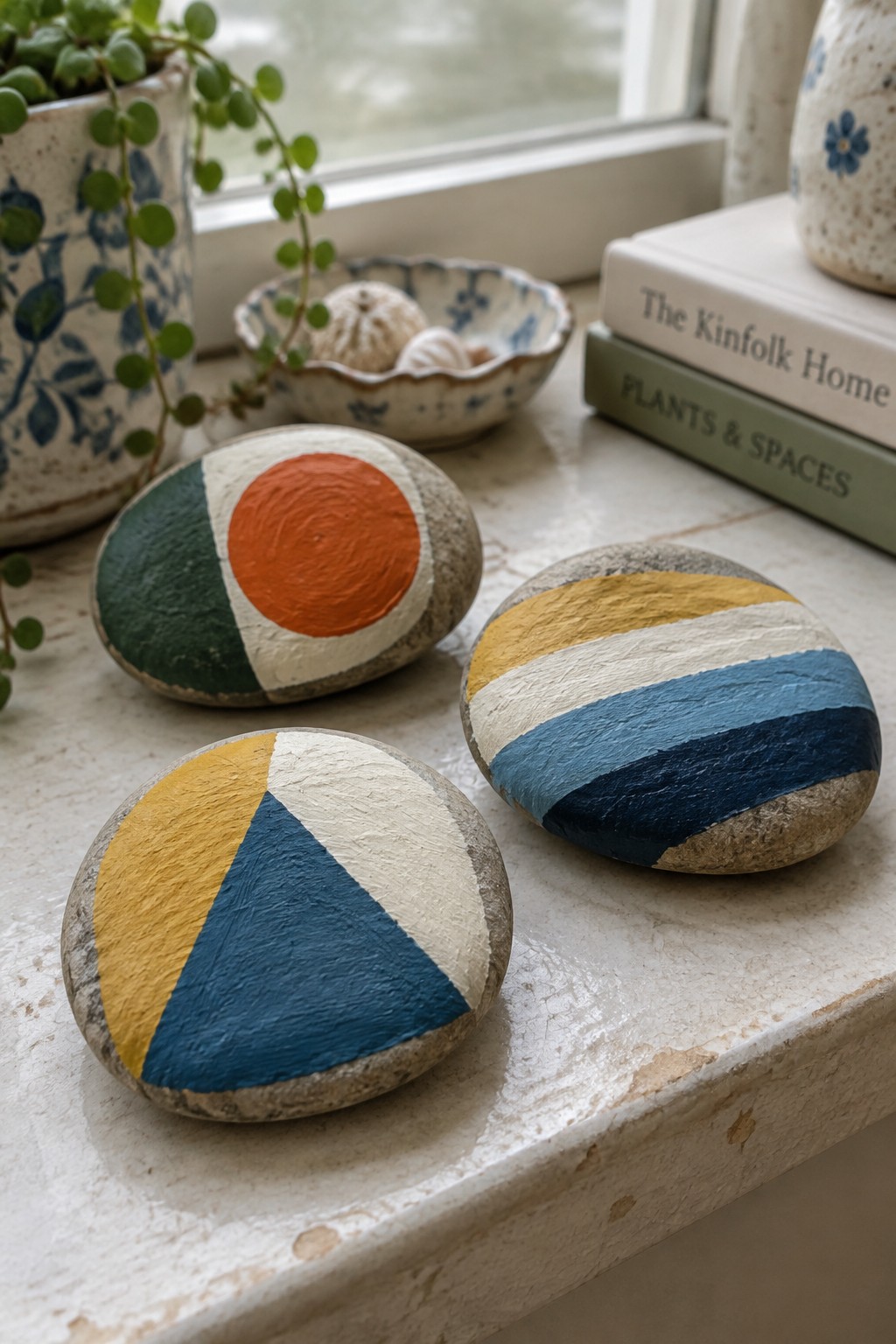 Three painted stones with geometric designs on a marble windowsill beside books and plants.