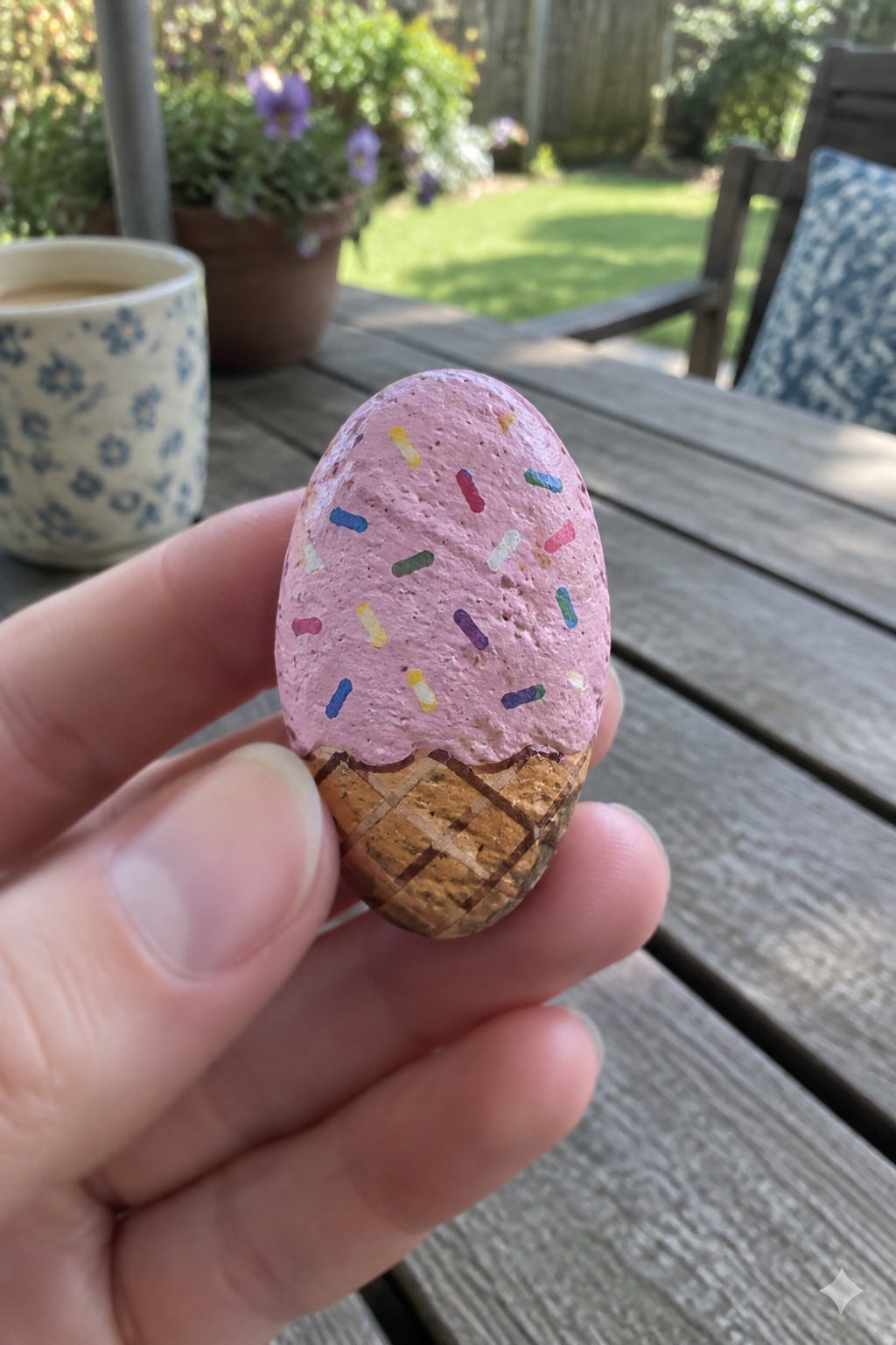 A hand holds a small oval rock painted pink on the top half with colorful sprinkles and a brown grid pattern on the bottom to resemble an ice cream cone.