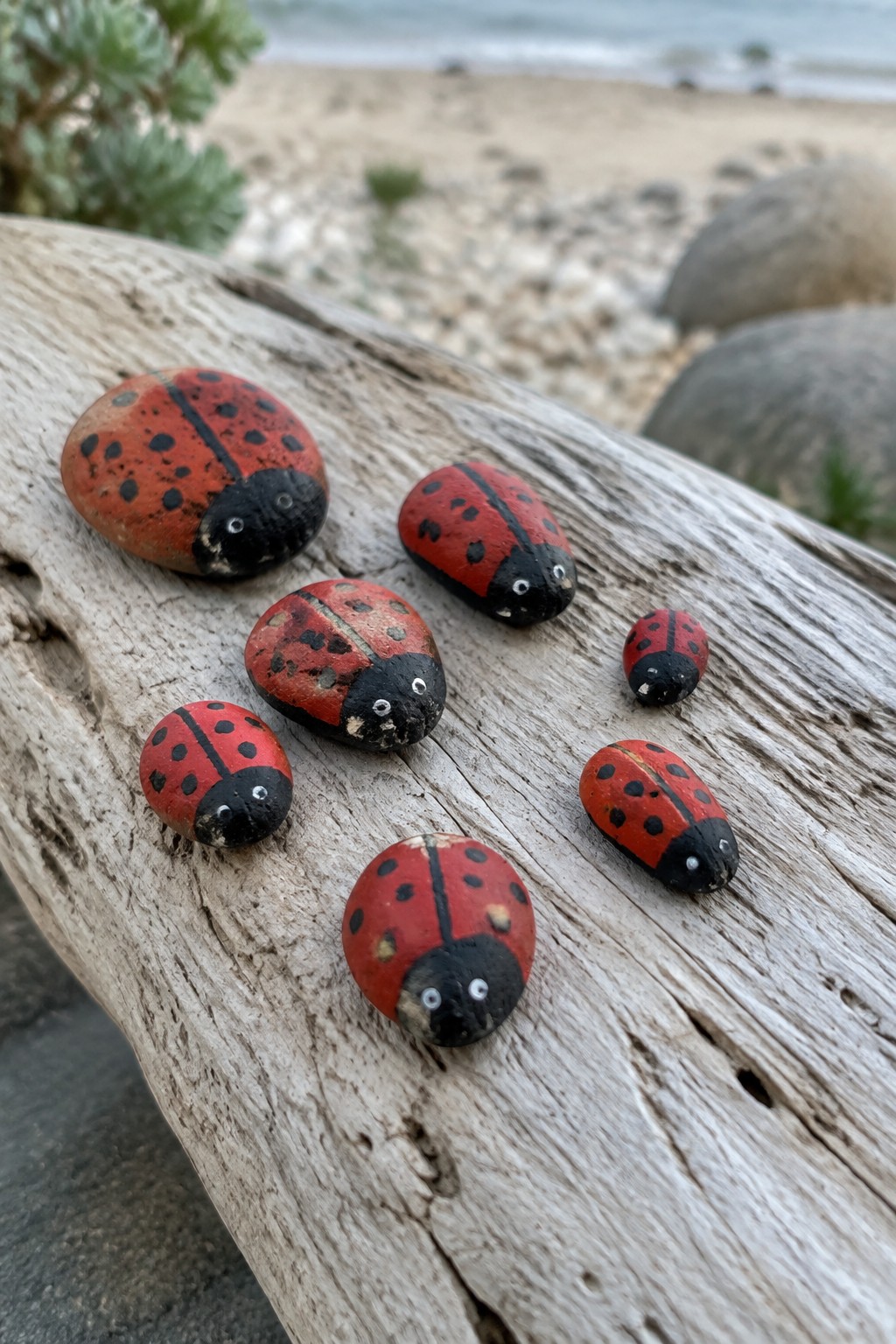Six red-and-black painted ladybug rocks on weathered driftwood at beach
