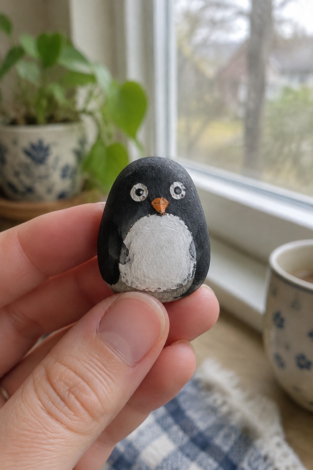 Hand holding black pebble painted as penguin with white belly and orange beak