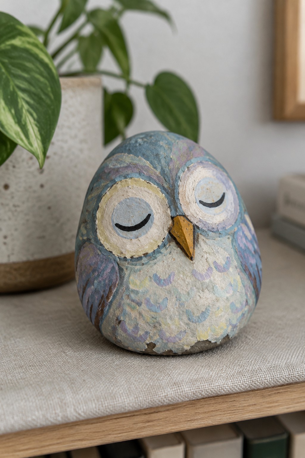 Painted stone owl in blue and purple with closed eyes on wooden table