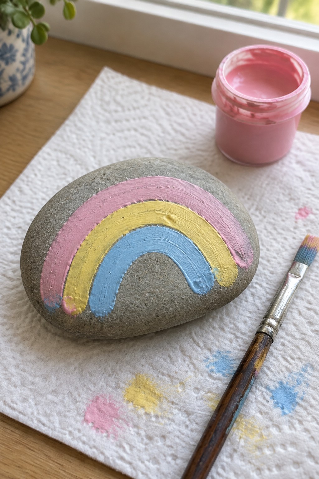 Rainbow-painted rock on paper towel beside pink paint jar and brush