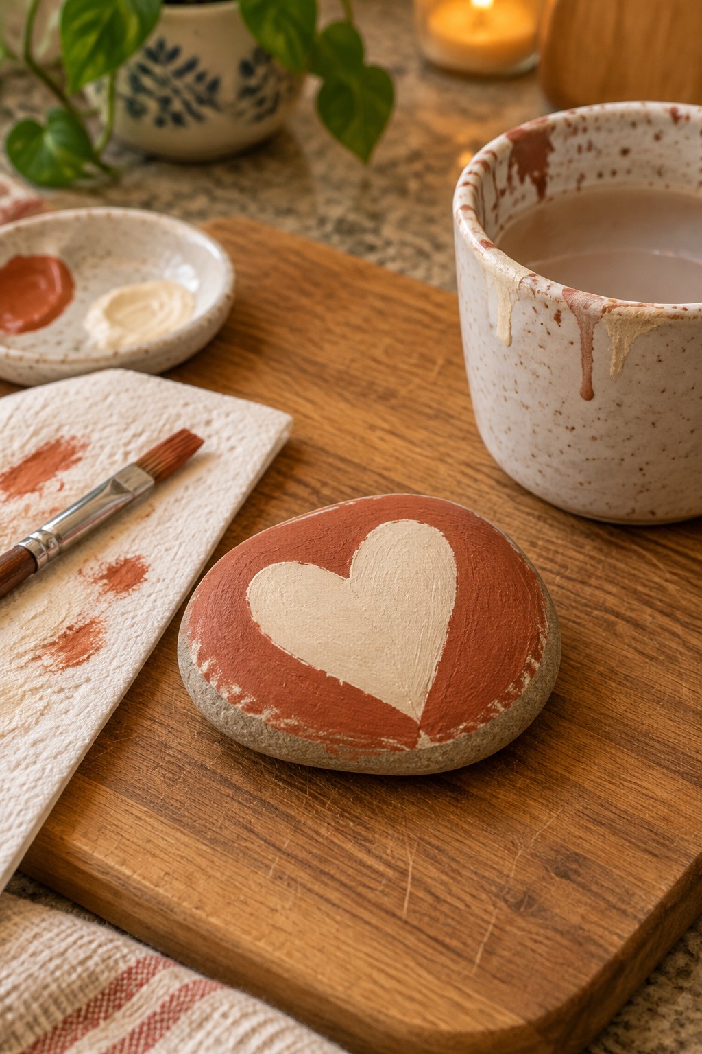Painted stone with white heart on red background beside mug and paints.