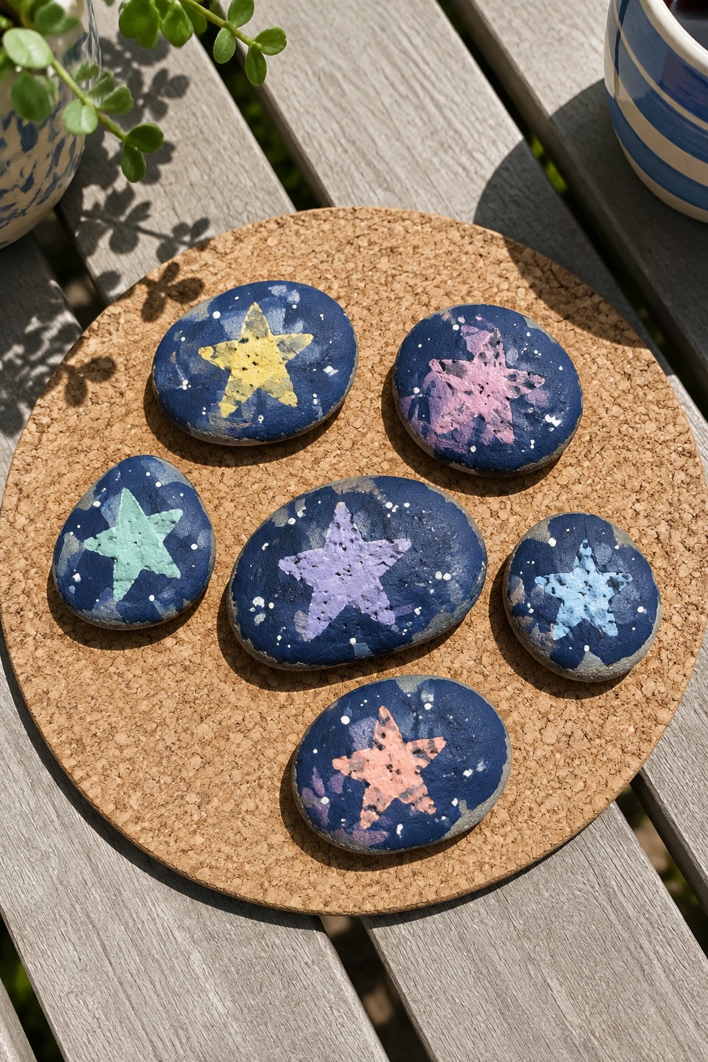 Six colorful star-painted rocks on a round cork mat outdoors.