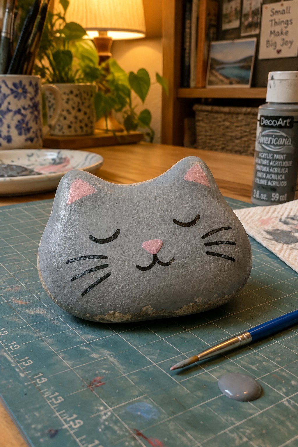 Gray painted cat rock with pink ears, nose, and whiskers on green mat