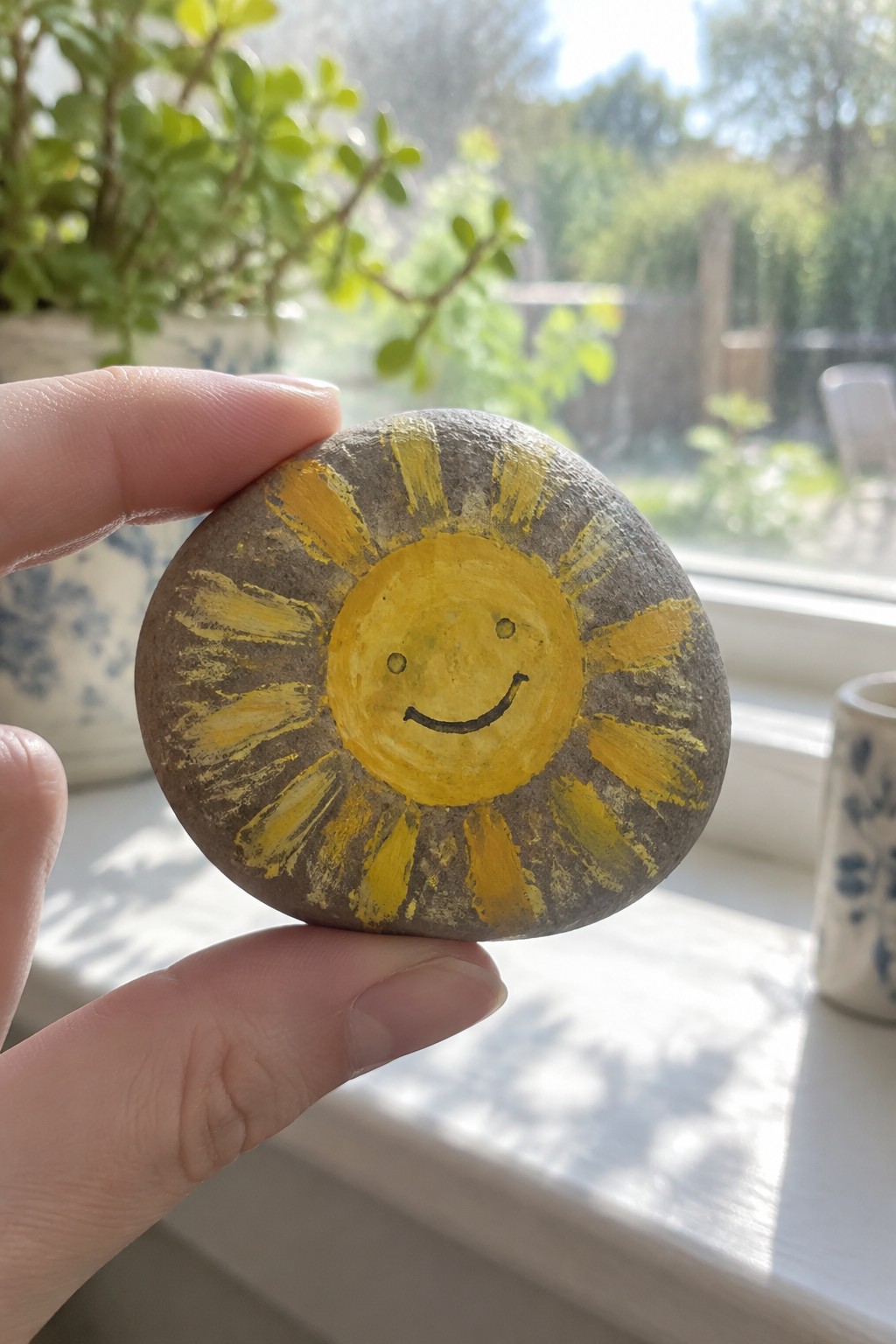 Hand holding gray stone painted with smiling yellow sun and rays.