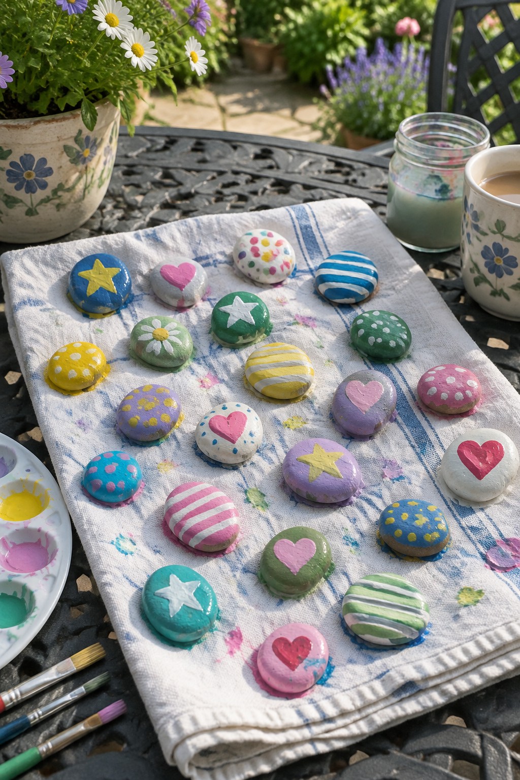 Colorful painted rocks with stars, hearts, and stripes arranged on garden tablecloth.