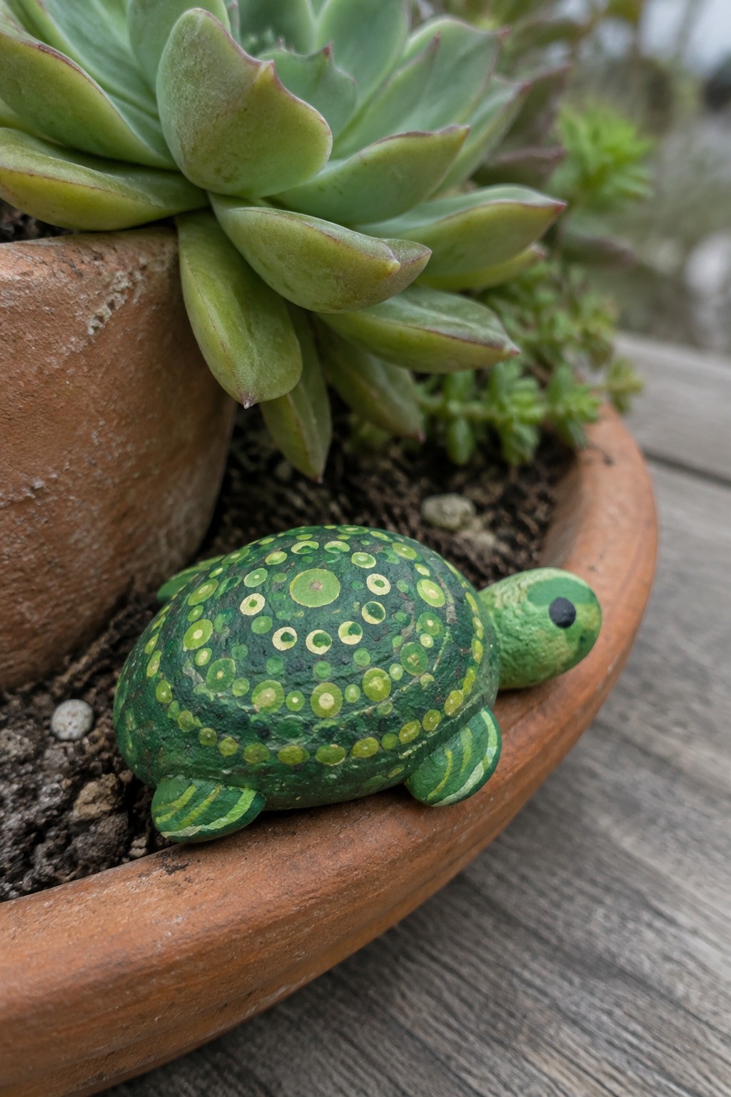 Green painted turtle with dotted shell in terracotta pot with succulents