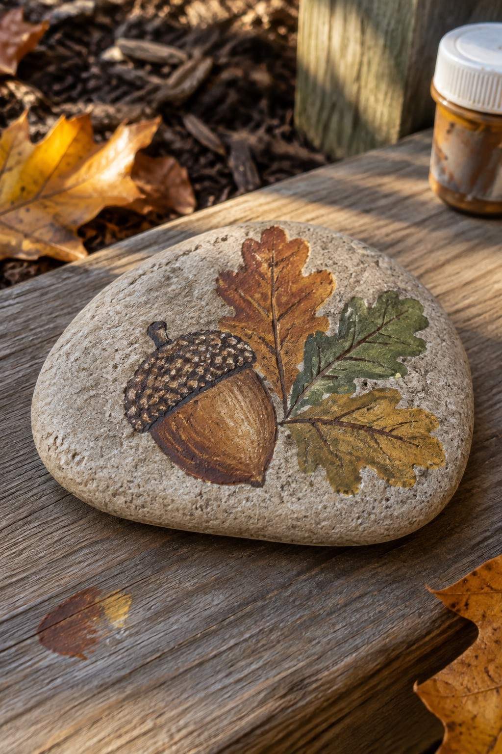 Painted gray stone with brown acorn and autumn oak leaves on wood
