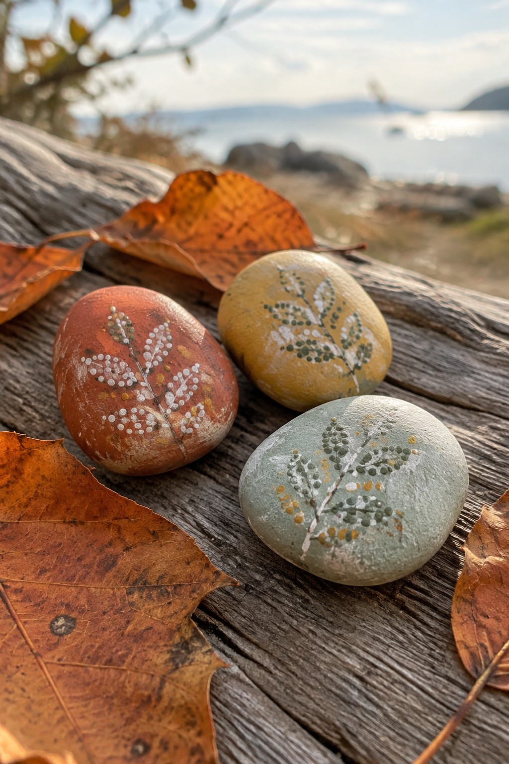 Three painted rocks with leaf designs on wood amid autumn leaves and water view