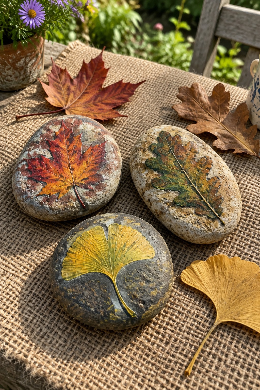 Three painted stones with red maple, green oak, and yellow ginkgo leaves on burlap.