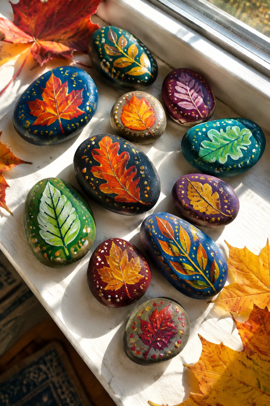 Painted rocks with colorful autumn leaves on a sunlit windowsill amid real foliage.