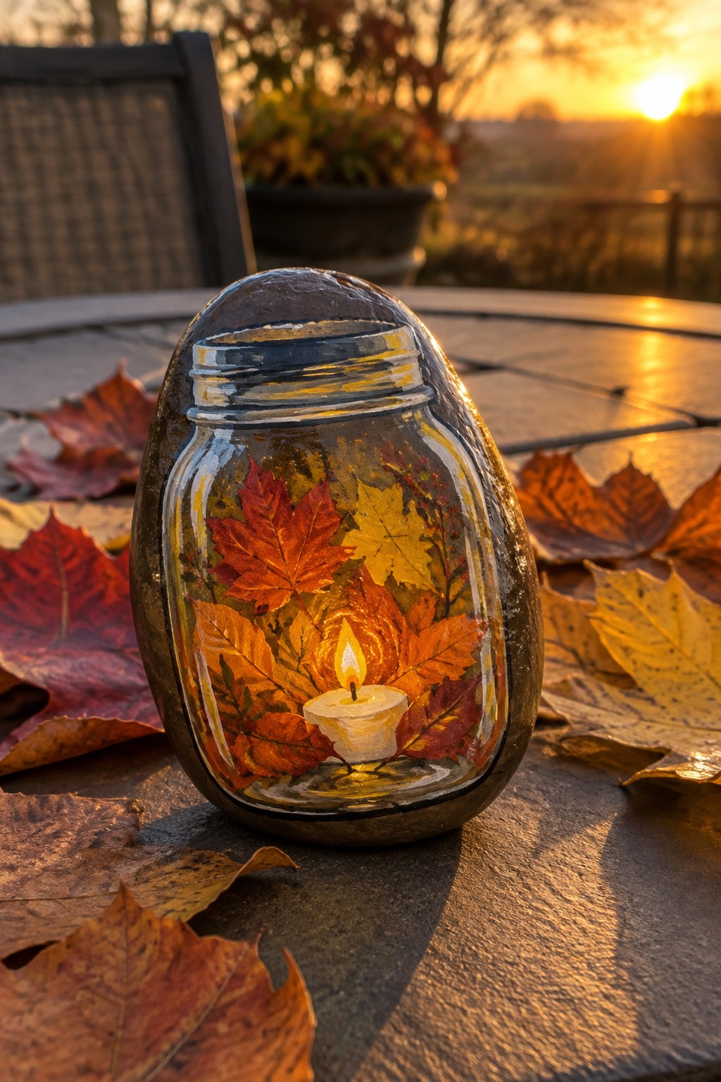 A painted oval rock designed to look like a glass jar containing autumn leaves and a lit candle, surrounded by real fall leaves on a wooden table at sunset.