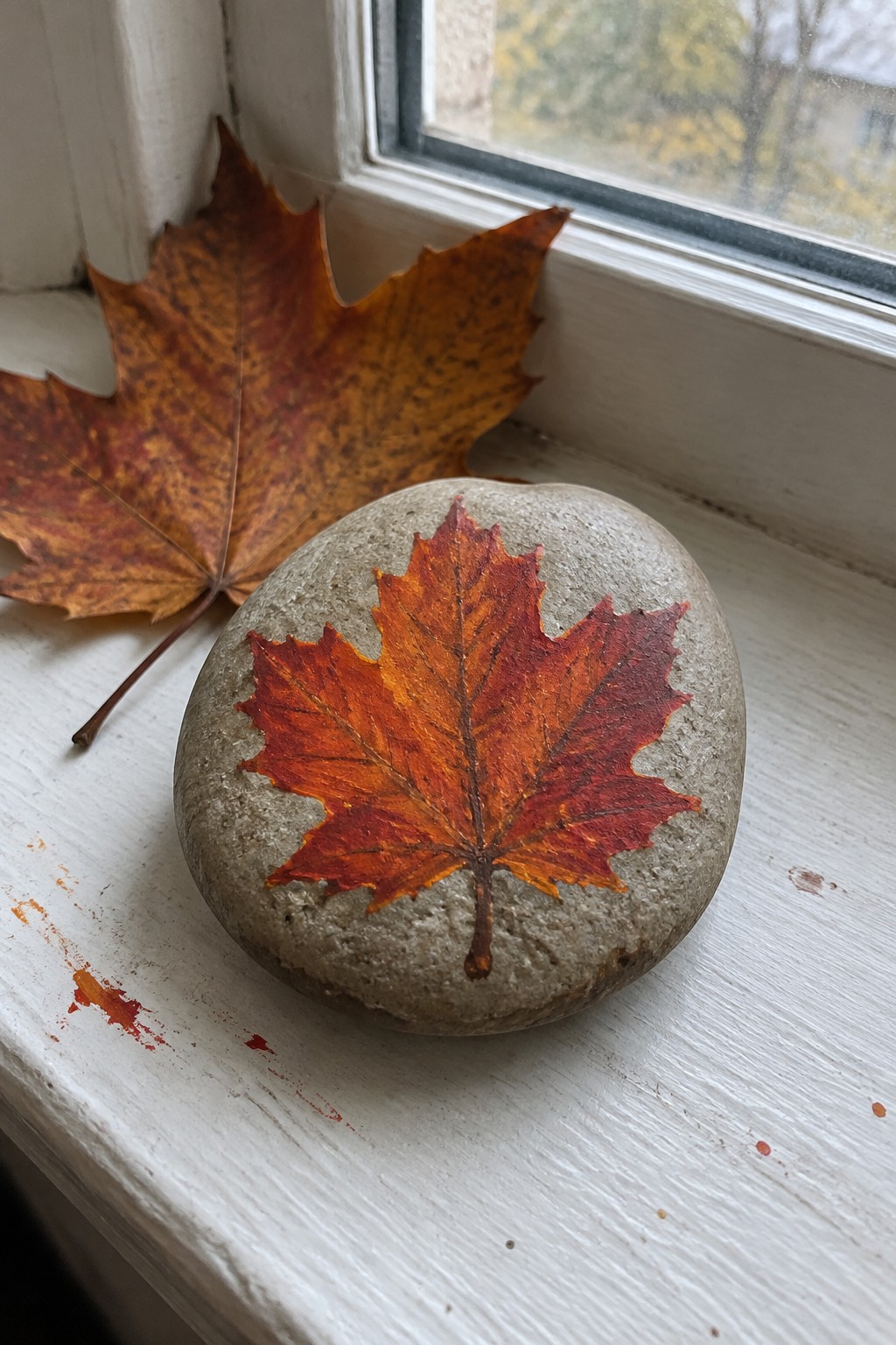 Stone with painted red-orange maple leaf beside real dried leaf on white windowsill