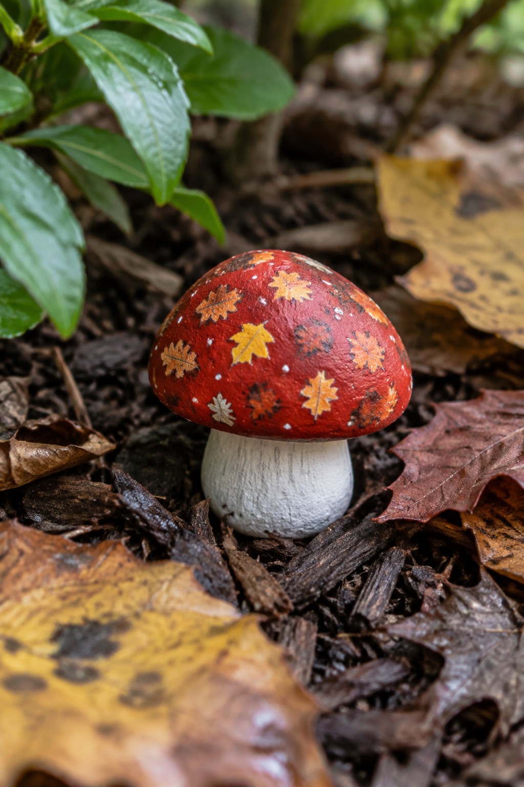 Red mushroom with painted autumn leaves and white stem amid dry foliage.