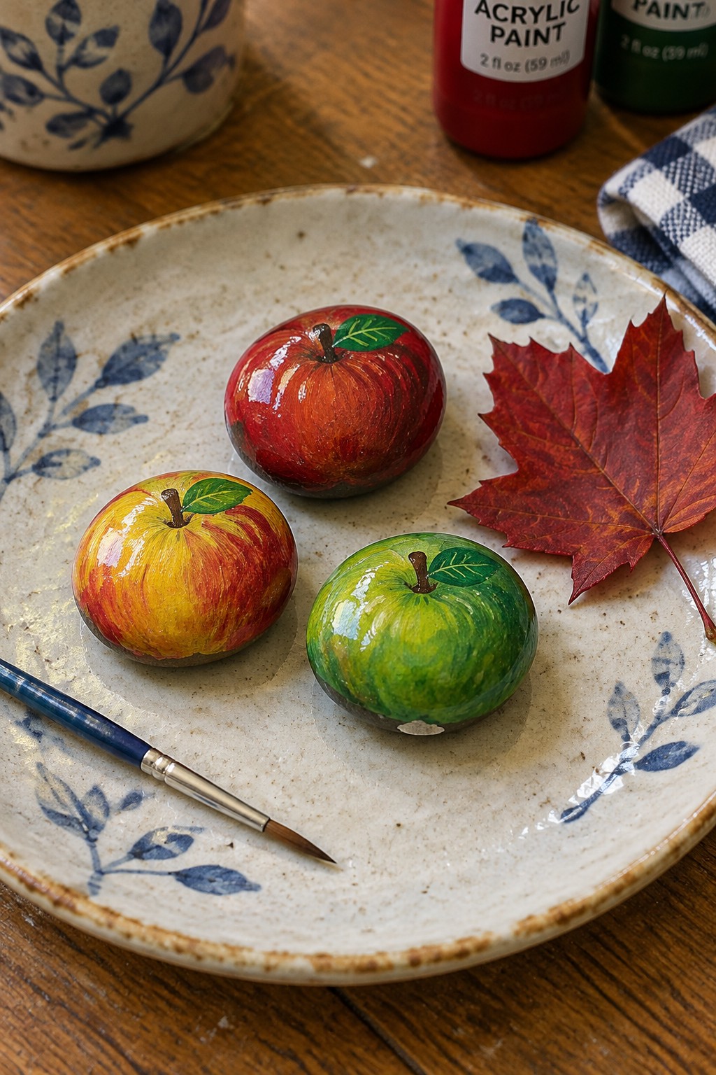 Three painted apple rocks on floral plate with paintbrush and red maple leaf
