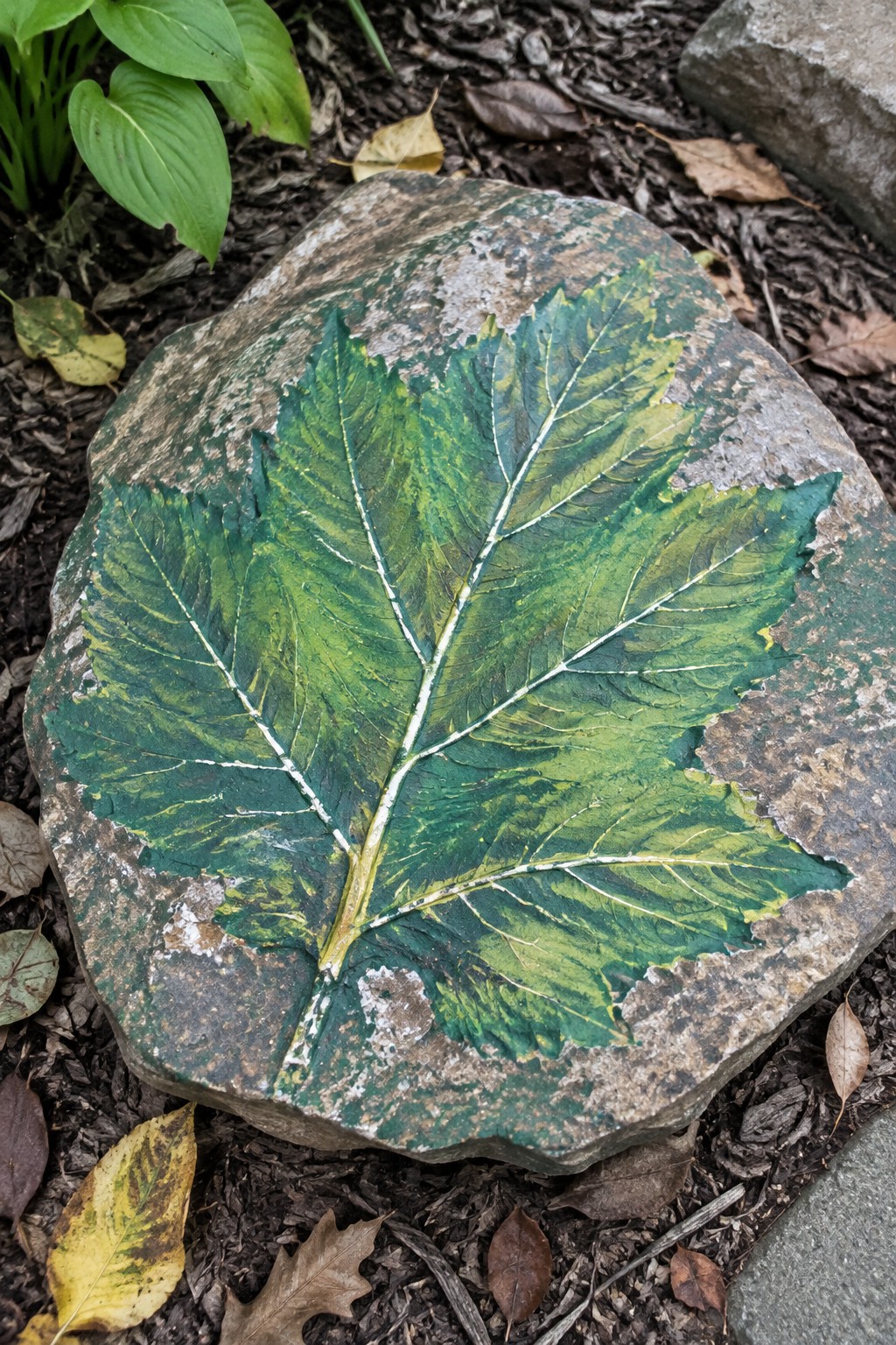 Large rock with vibrant green leaf relief amid mulch and dry leaves