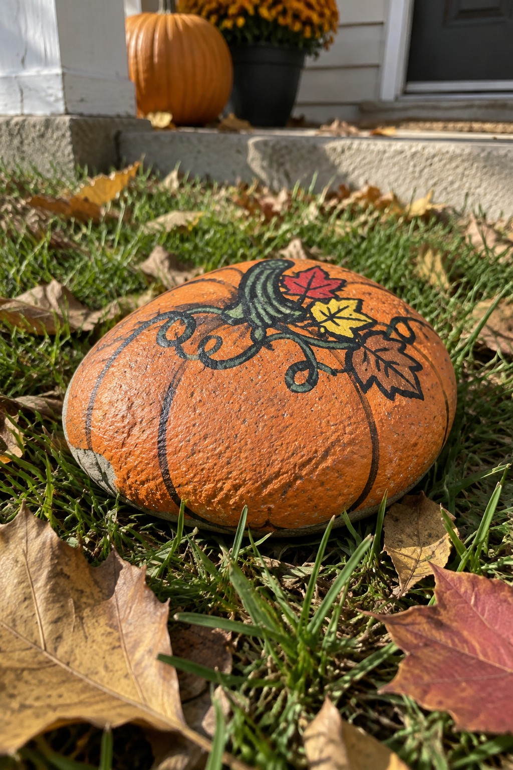 Painted orange pumpkin rock with green stem and autumn leaves on grass