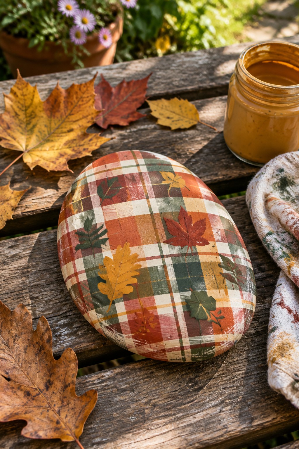 Plaid-painted rock with leaf prints on wooden table beside paint jar and autumn leaves.