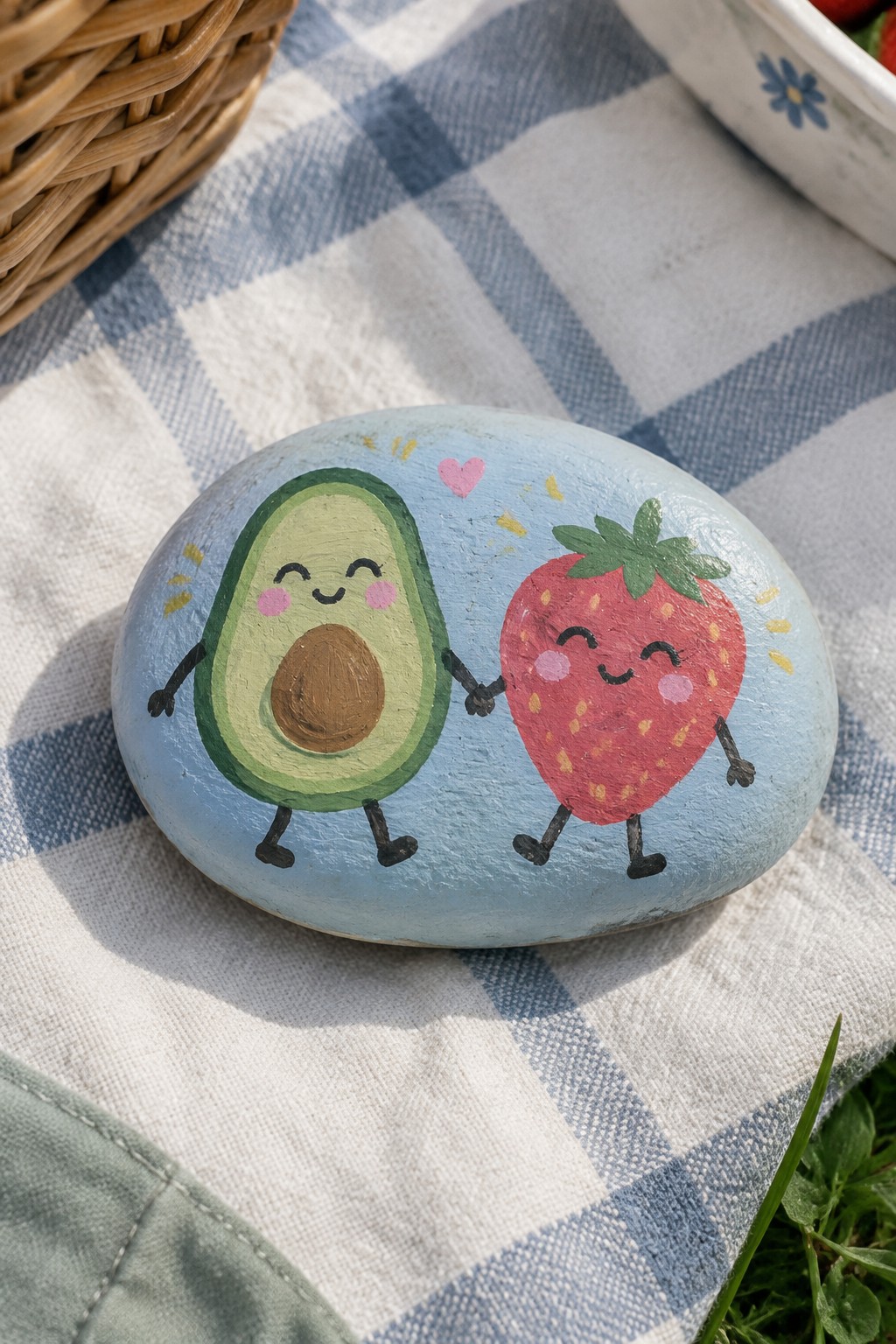 Painted blue rock with cartoon avocado and strawberry holding hands on checkered blanket