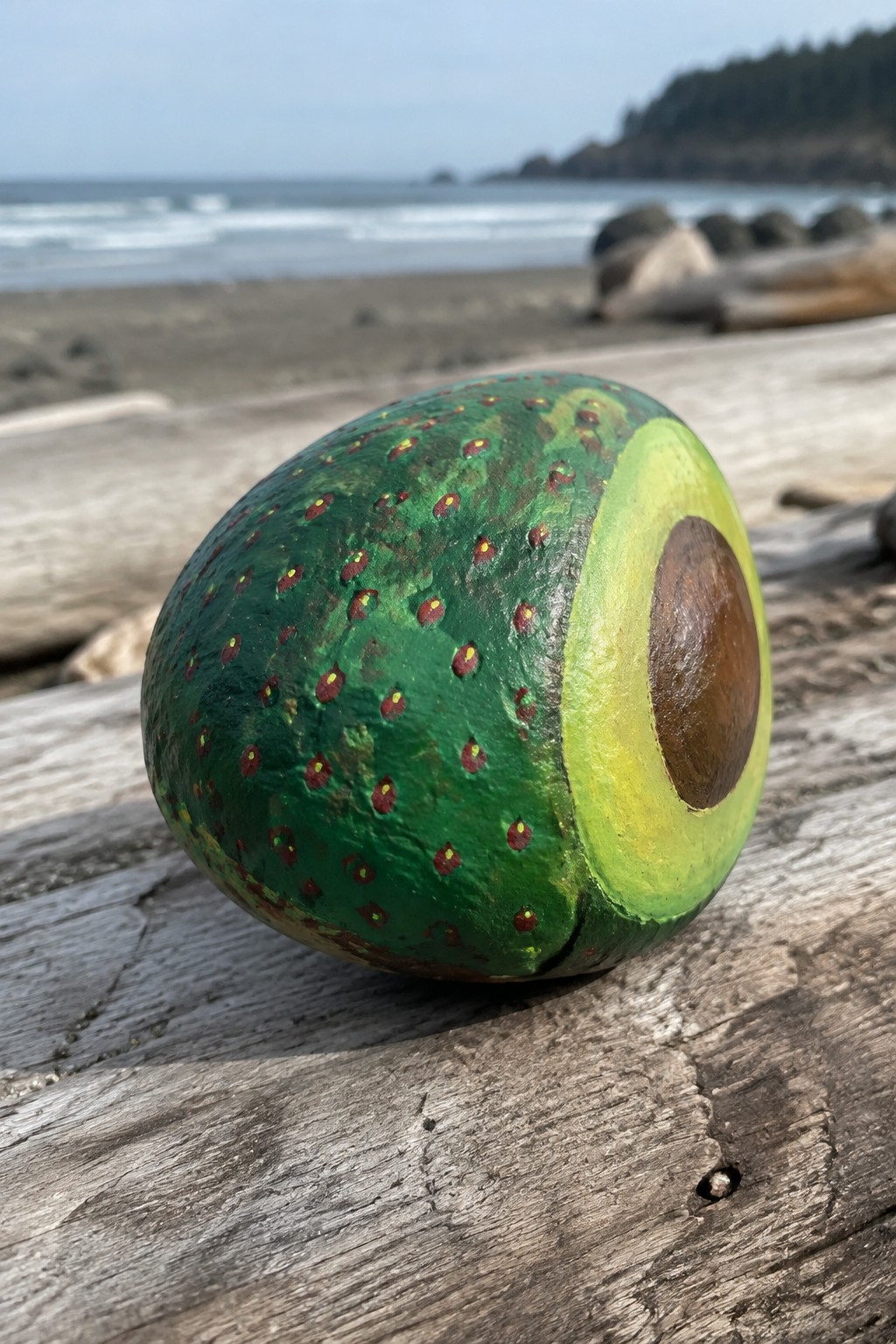 Painted green avocado rock on weathered driftwood overlooking sandy beach and ocean.