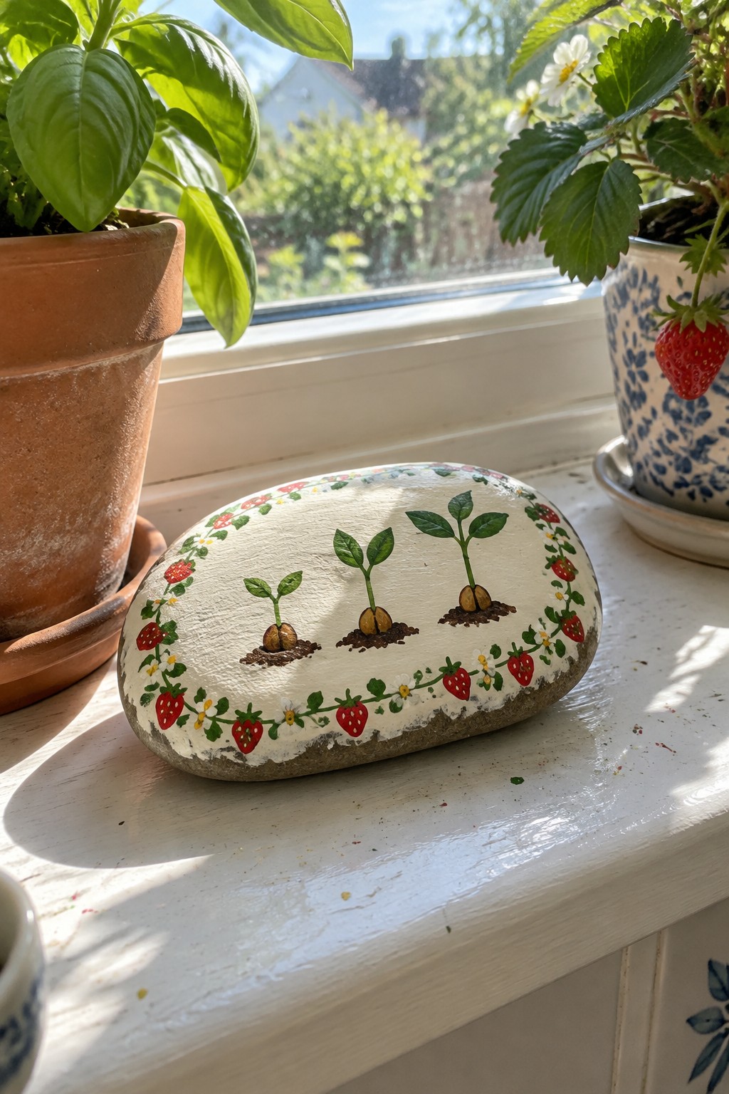 Painted rock with sprouting plants and strawberry border on sunny windowsill between pots.