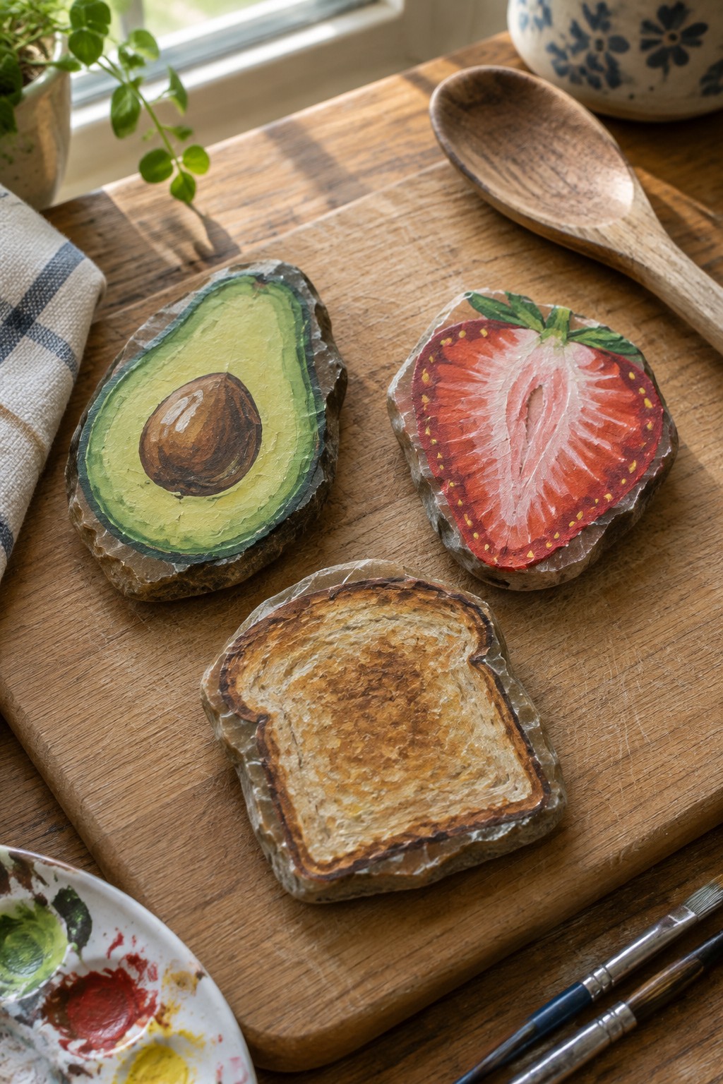 Three painted rocks resembling avocado, strawberry, and toast on wooden board