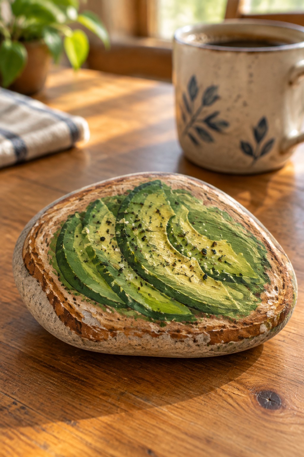 Avocado toast painted on round stone beside leaf-patterned coffee mug on wood table