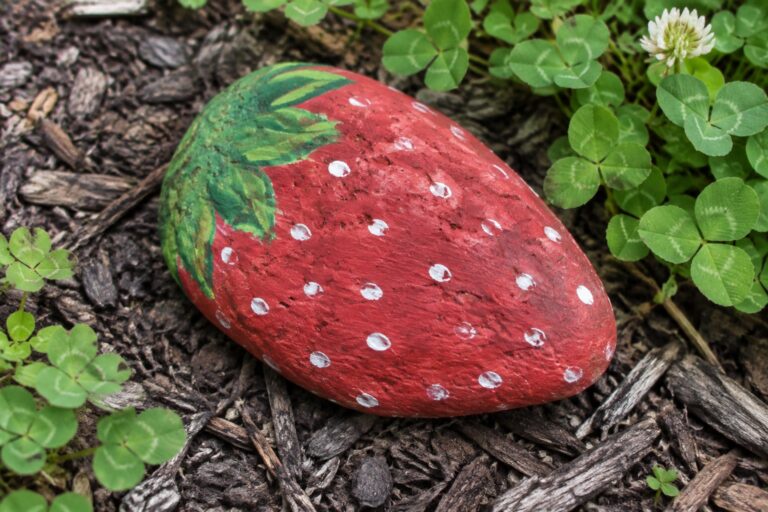 20 Food Rock Painting Ideas Inspired by Strawberries and Avocados Red strawberry-painted rock with white dots and green leaves on mulch amid clover.