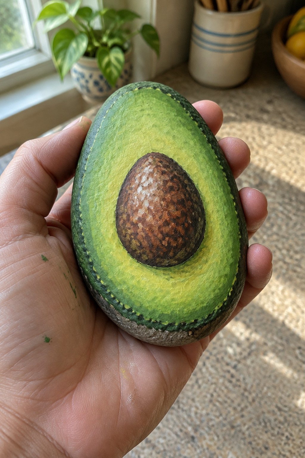 Hand holding a painted stone as a halved avocado with brown pit