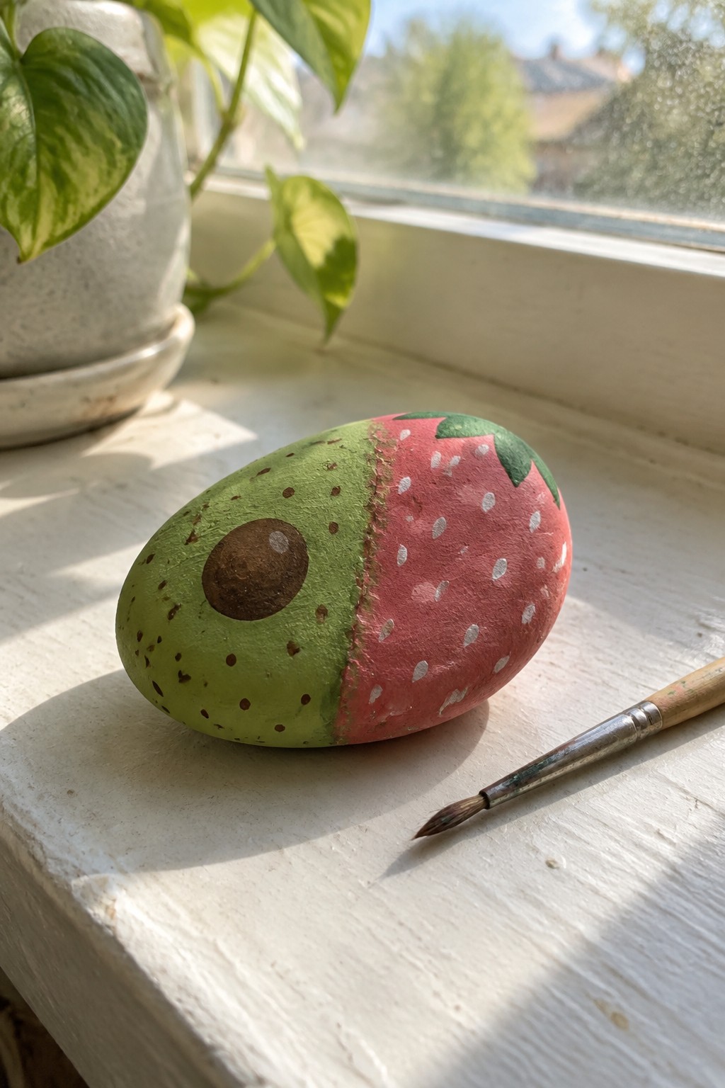 Painted stone half avocado half strawberry beside paintbrush on sunny windowsill