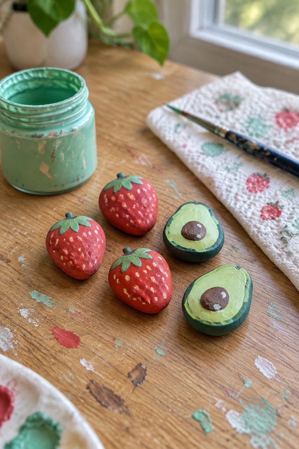 Painted strawberry and avocado rocks beside open green paint jar on wooden table
