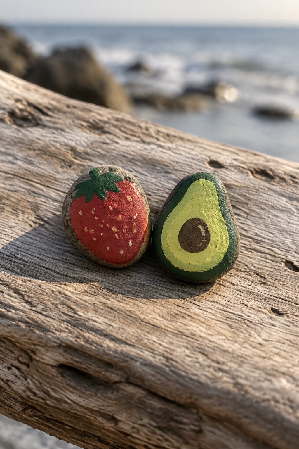 Two rocks painted as strawberry and avocado on driftwood by the ocean
