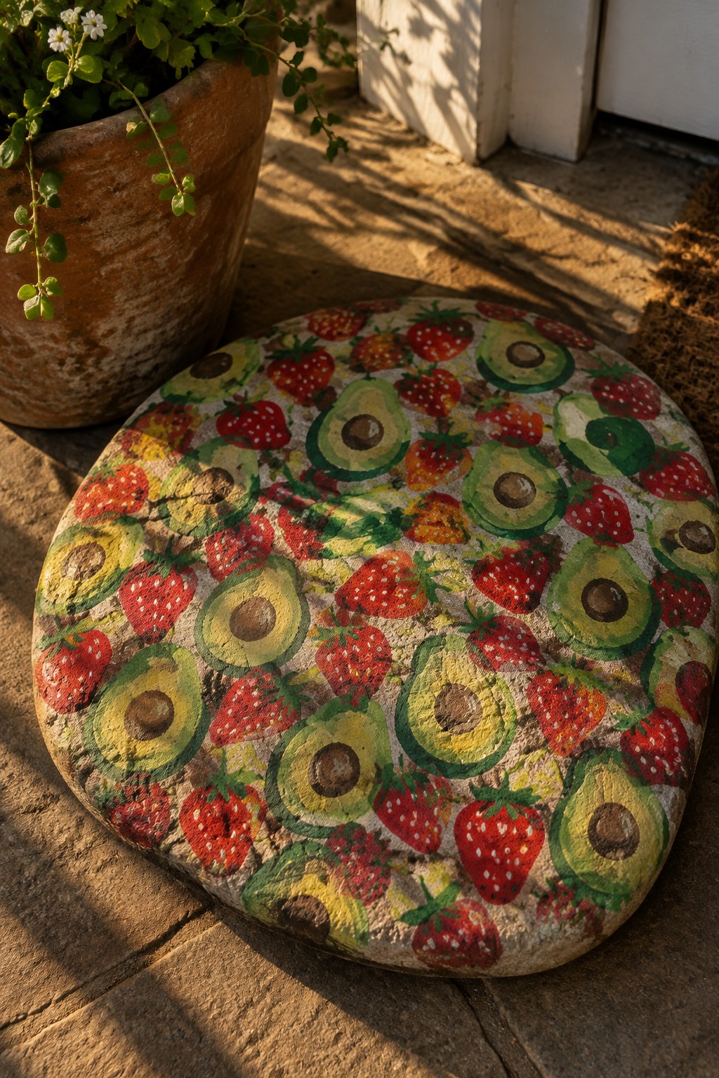 Painted stone covered in strawberries and avocados on sunlit pavement by potted plant