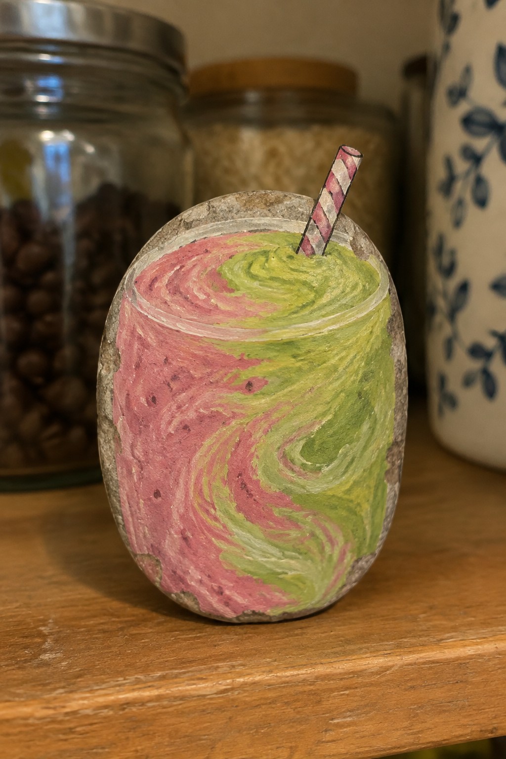 Hand-painted rock mimicking pink-green swirled smoothie in jar with striped straw on wood.
