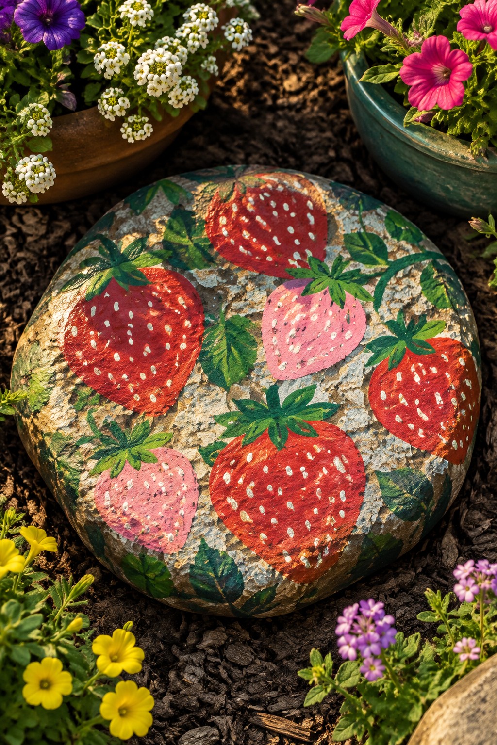 Painted rock with red and pink strawberries amid colorful garden flowers