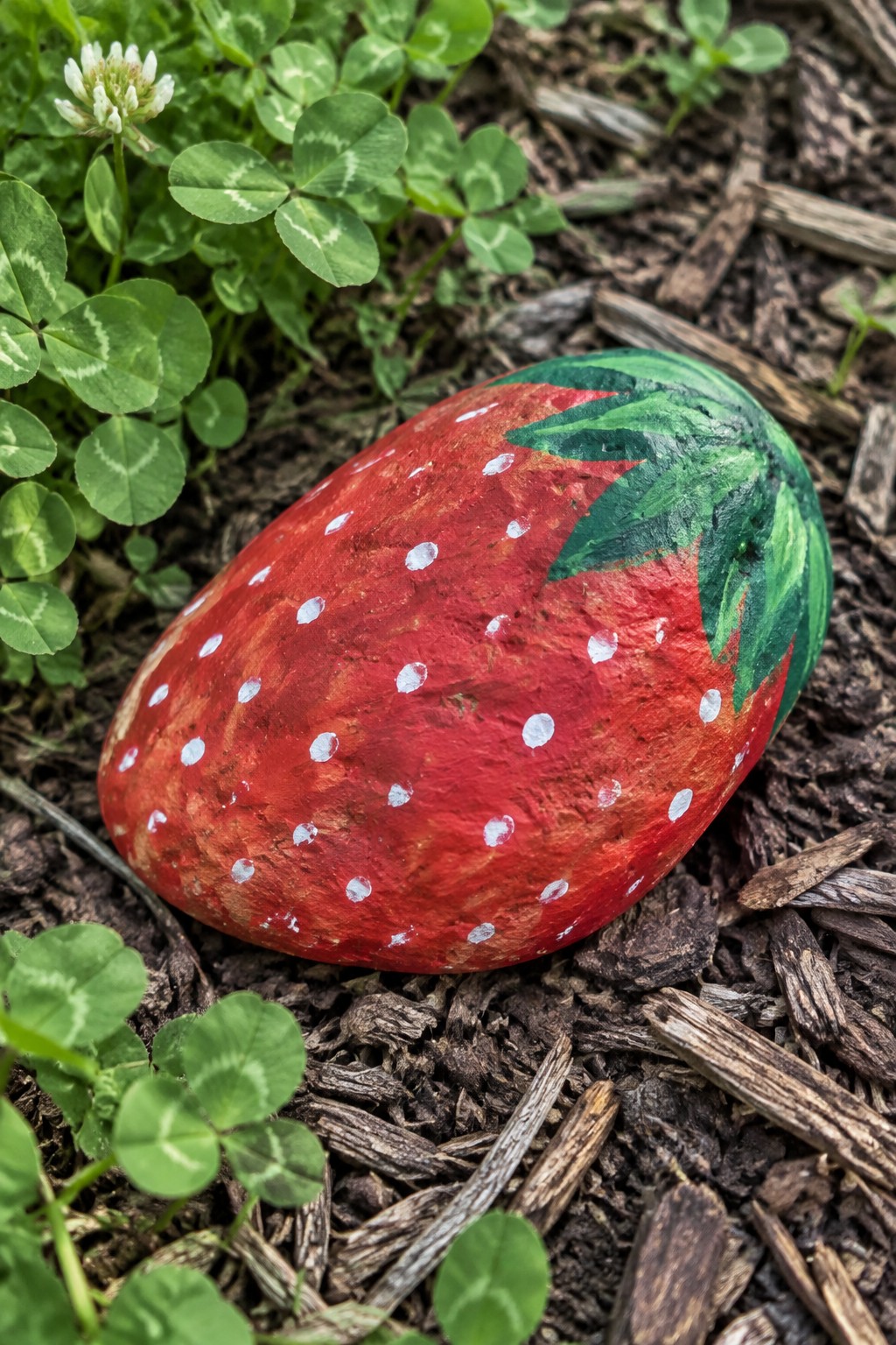 Red strawberry-painted rock with white dots and green leaves on mulch amid clover.