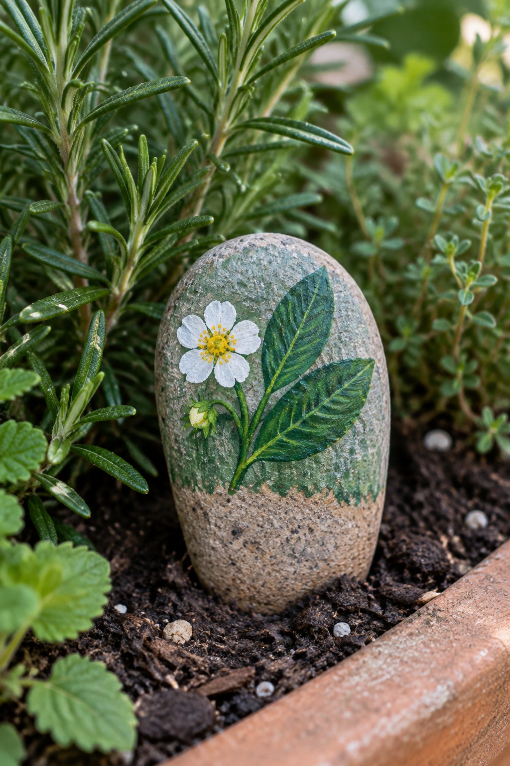 Painted rock with white flower, yellow center, and green leaves in soil among plants