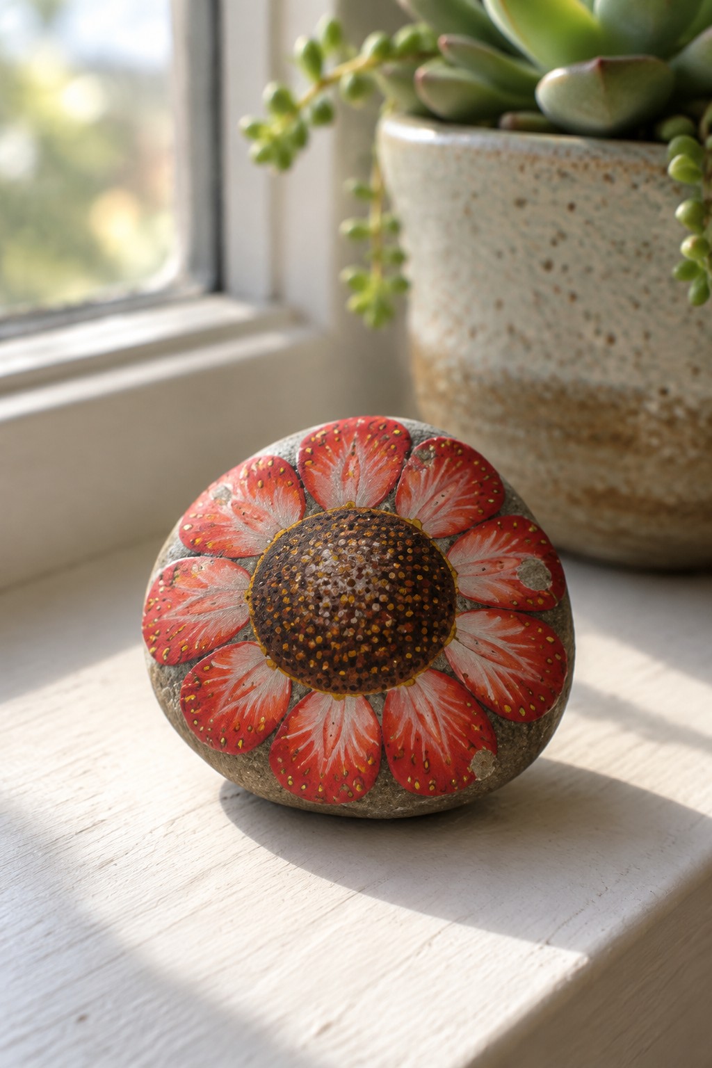 Painted stone flower with red petals and brown center on sunny windowsill near succulent