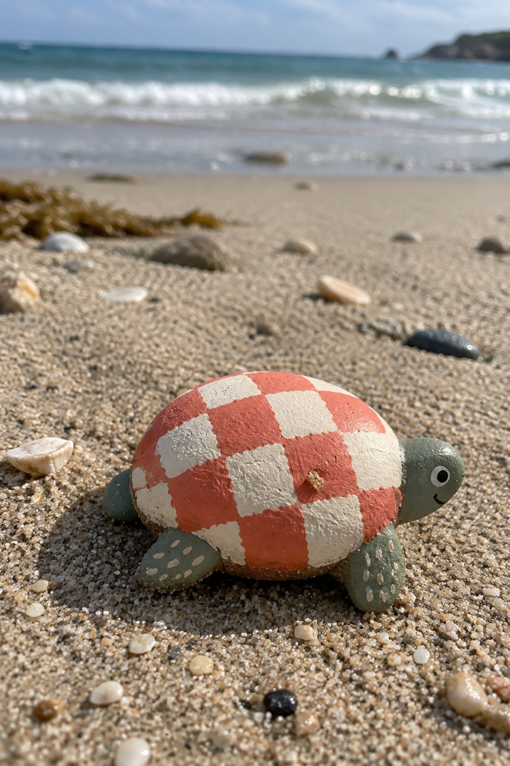 Red and white checkered turtle figurine on sandy beach near ocean waves