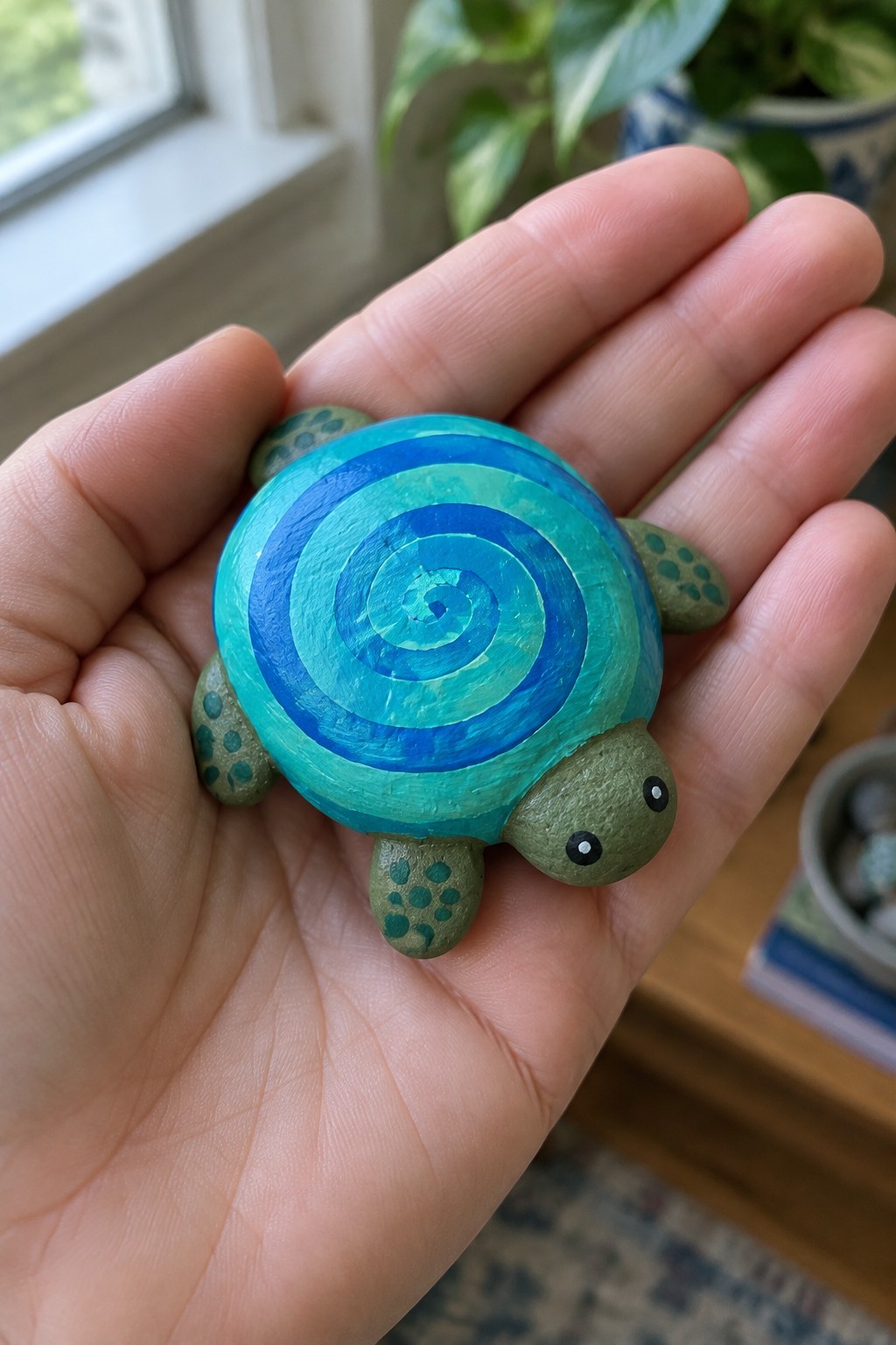 Hand holding small painted turtle with blue spiral shell and green spotted limbs