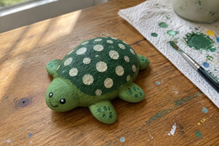 21 Painted Turtle Rocks With Simple Shell Patterns Green polka-dotted turtle figurine on paint-splattered wooden table with brush and towel