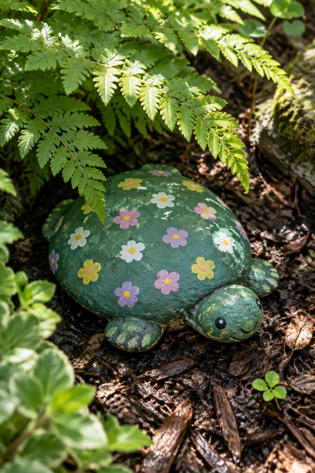Green turtle garden statue with colorful flowers amid ferns and soil