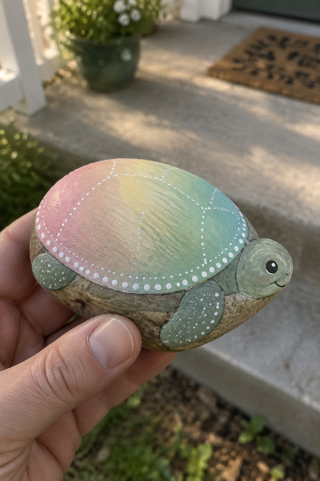 Hand holding painted turtle rock with pink-green gradient shell and dotted patterns