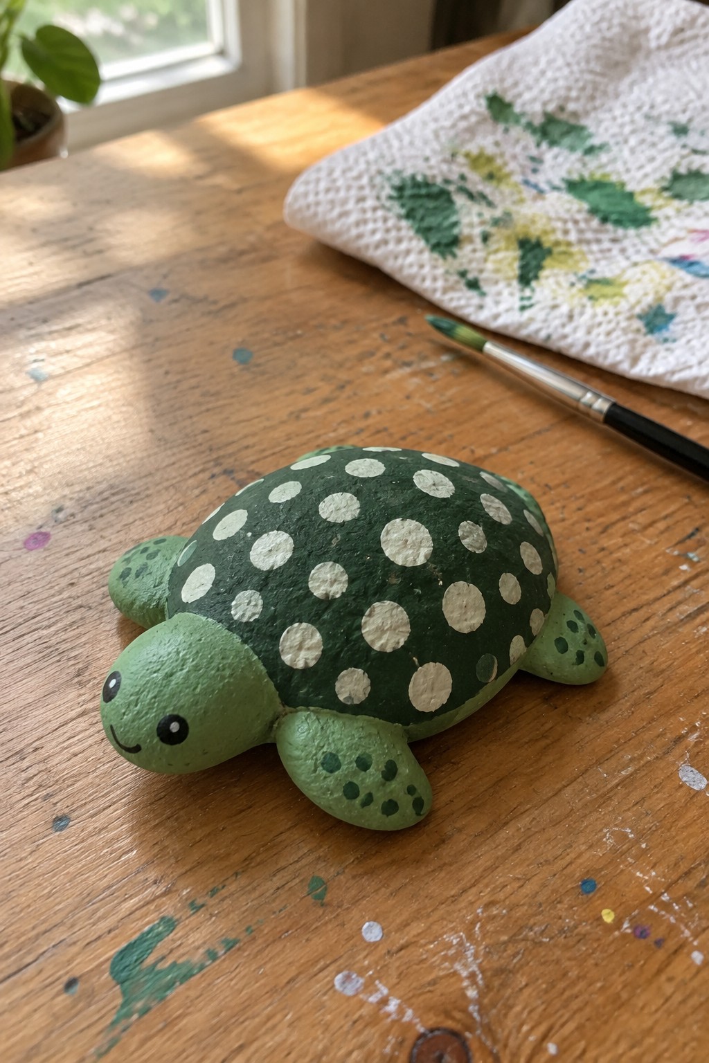 Green polka-dotted turtle figurine on paint-splattered wooden table with brush and towel