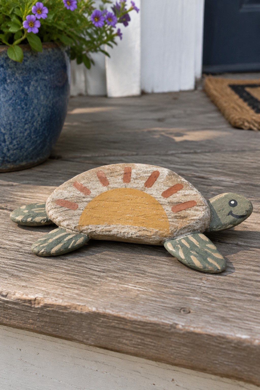 A painted turtle rock with a yellow sun and orange rays on its shell rests on a wooden surface beside a blue flower pot.